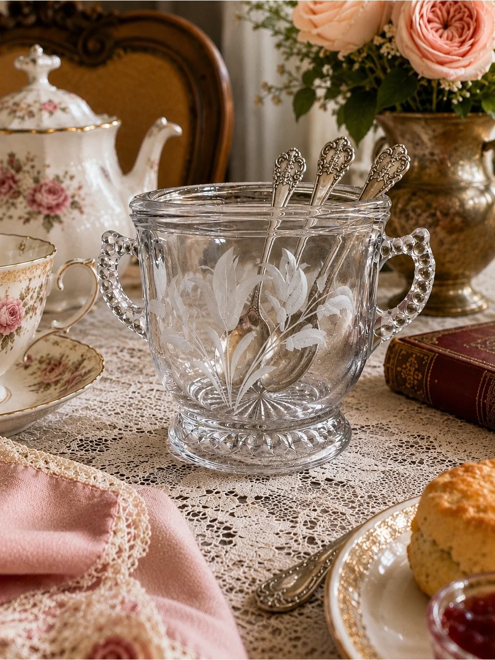 Vintage Etched Glass Double-Handle Sugar Bowl / Spoon Holder